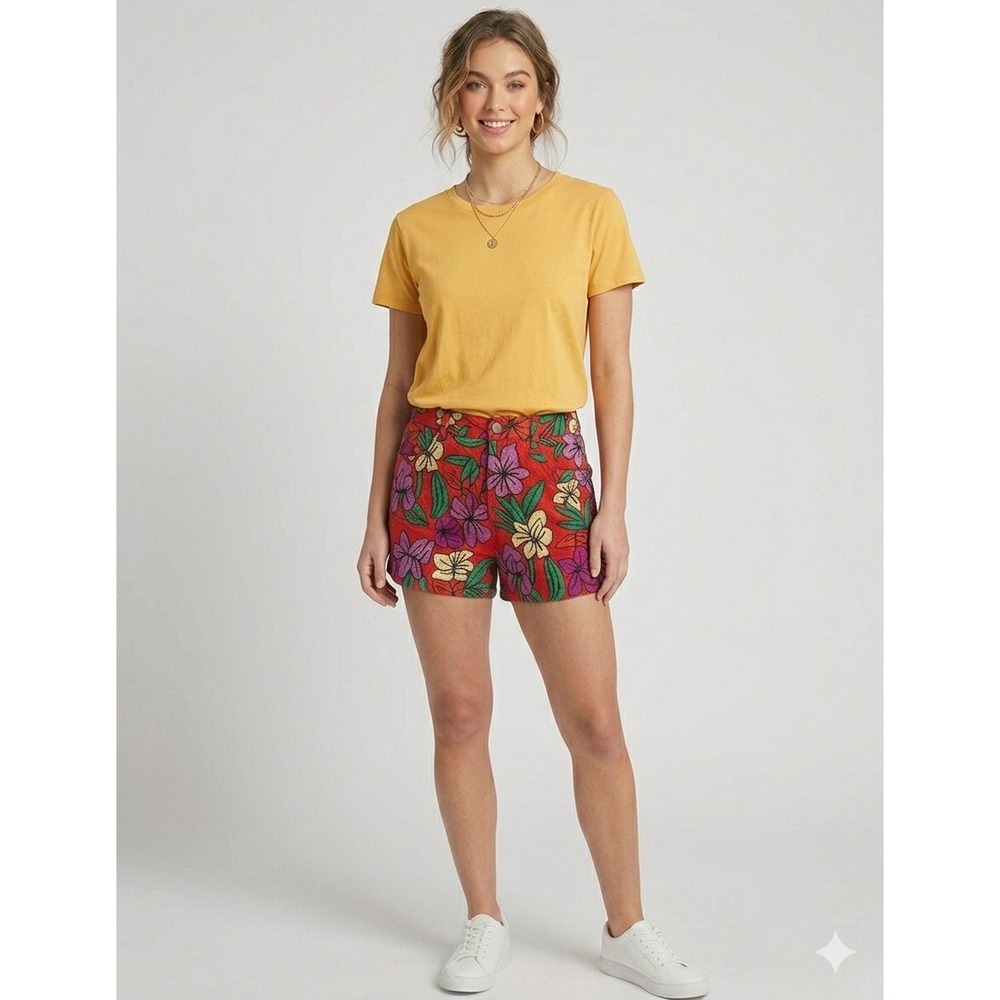 Roller Rabbit Embroidered Floral Shorts Womens Large Red Excellent